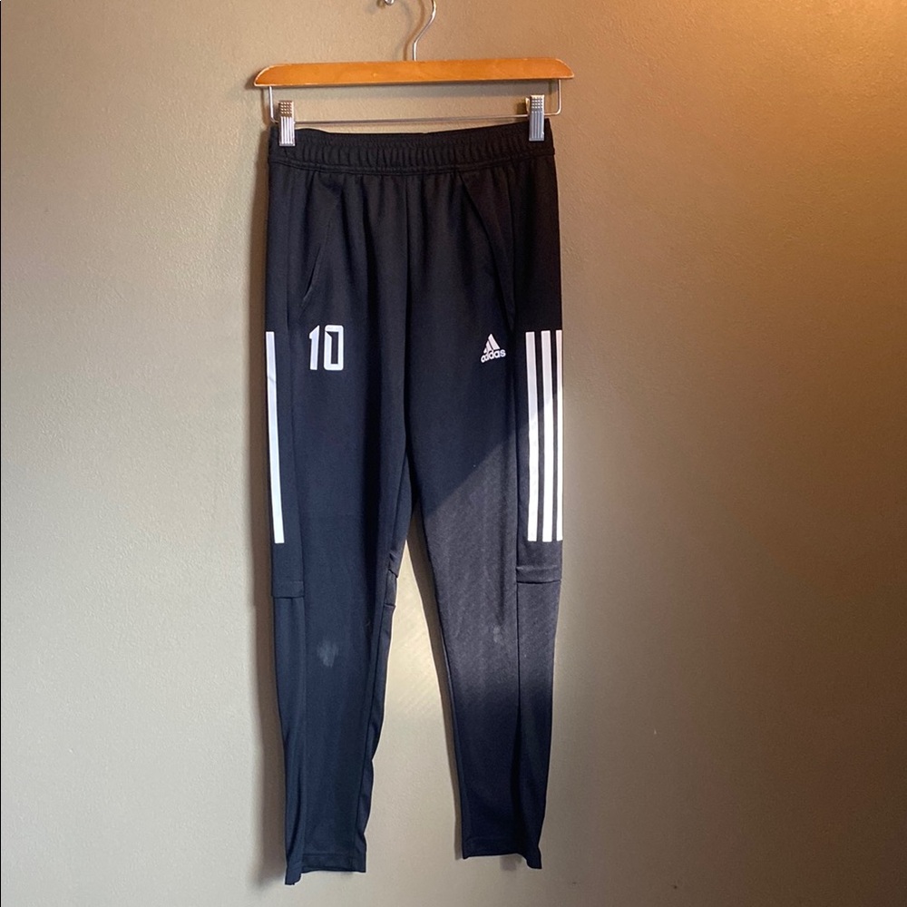 Adidas Black and White Joggers with tapered legs, size medium